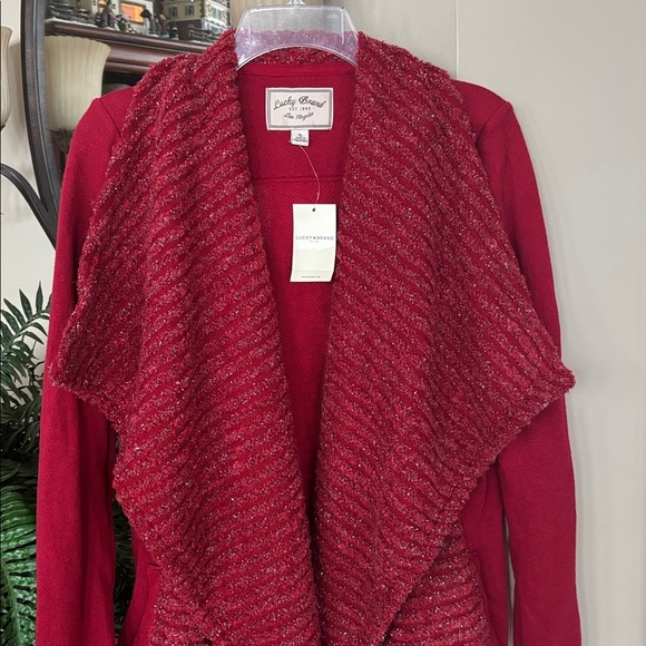 Brand New Lucky Brand Red Metallic Knit Shawl Open Front Drape Cardigan Sweater - Picture 4 of 16